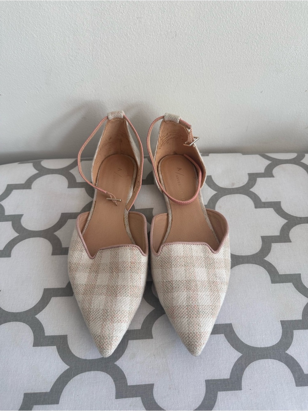 Anthropologie Beige and Pink Plaid Pointed-Ankle Flats